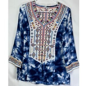 John Mark Womens Small Blue/White Pullover Boho Hippie Chic 3/4 Sleeve Blouse